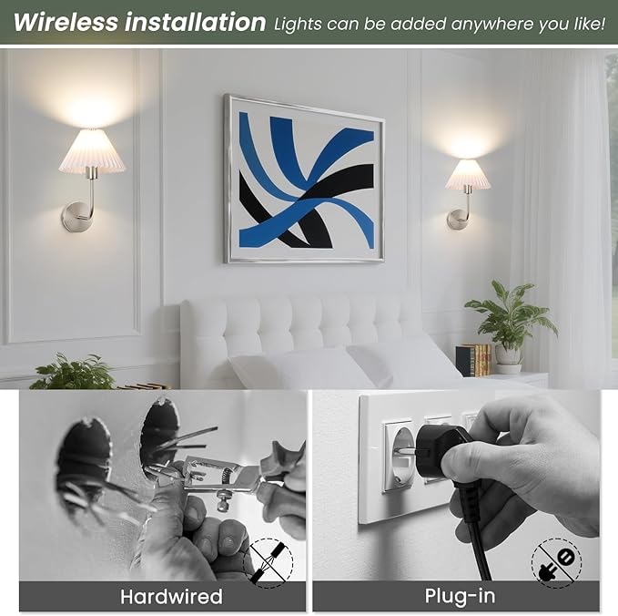 Wireless Wall Sconce Sets of 2, Pleated Shades Rechargeable Battery Operated