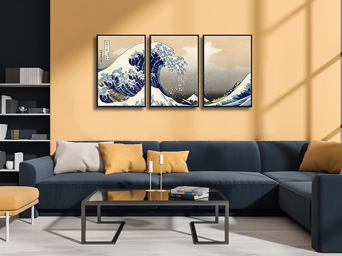 Wieco Art Black Framed Great Wave of Kanagawa Katsushika Hokusai 3 Piece Modern