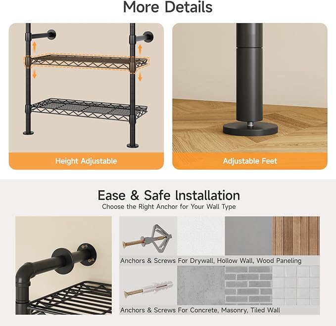 ONBRILL L7 Wall Mounted Industrial Pipe Clothing Rack – Heavy Duty Modular