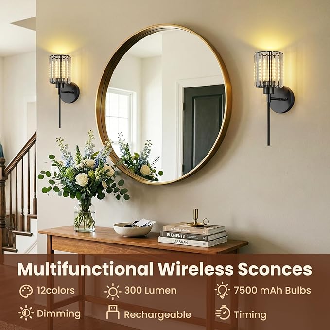 1- Pack Crystal Battery Operated Wall Sconces, Brushed Gold Rechargeable