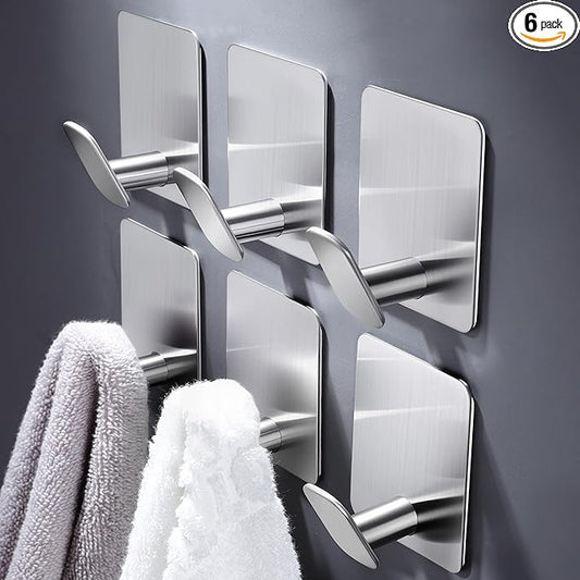 DELITON Sticky Hooks for Hanging Adhesive, Brushed Nickel, 6 Pack