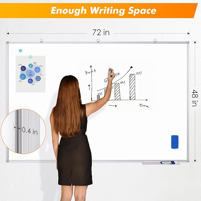 Maxtek White Board Dry Erase 72 x 48, Magnetic Dry Erase Whiteboard for Wall 6' x 4' Wall-Mounted Aluminum Frame Versatile Presentation Marker Board with a Long Pen Tray for Classroom, Office & Home