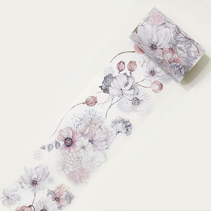 WT Frostbloom Wide PET Tape, Single Roll, Original Floral Designs, Winter Flowers, Clear Transparent Adhesive Tape for Junk Journals, Scrapbooks, Bujo, Planners, DIY Crafts, Art Stationery