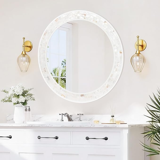 Mosaic Mirrors for Wall 24 Inch, Natural Mother of Pearl Inlay White Framed