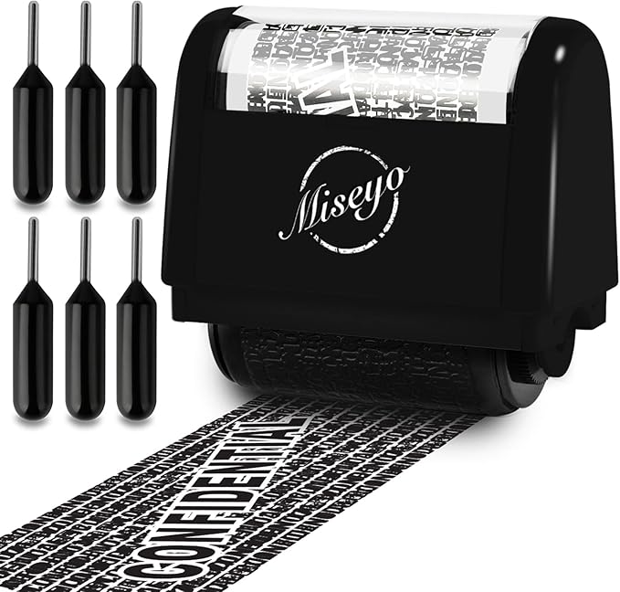Miseyo Identity Theft Protection Roller Stamp Set - Black (6 Refill Ink Incleded)