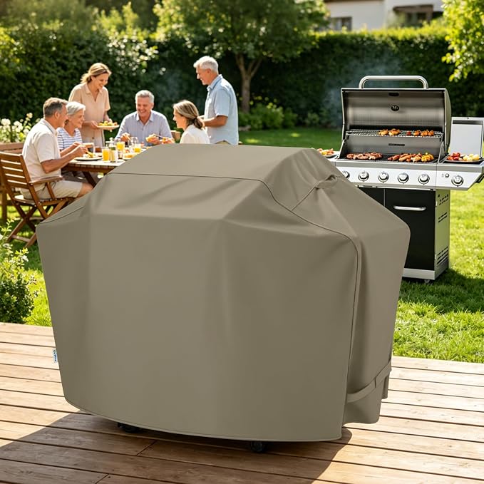 SunPatio BBQ Grill Cover for Outdoor Grill 65 Inch, Heavy Duty Waterproof Barbecue Cover with Sealed Seam, FadeStop All Weather Protection Compatible for Weber CharBroil Nexgrill and More, Taupe
