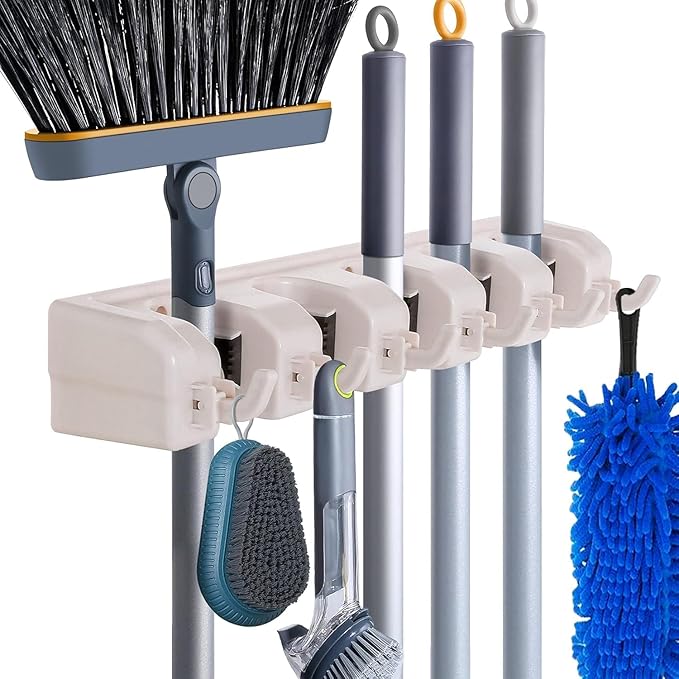 HYRIXDIRECT Broom Hanger Wall Mount Broom and Mop Organizer Wall Hanging Garden Tool Organizers Rack Garage Laundry Room Organizations and Storage with Hooks Heavy Duty