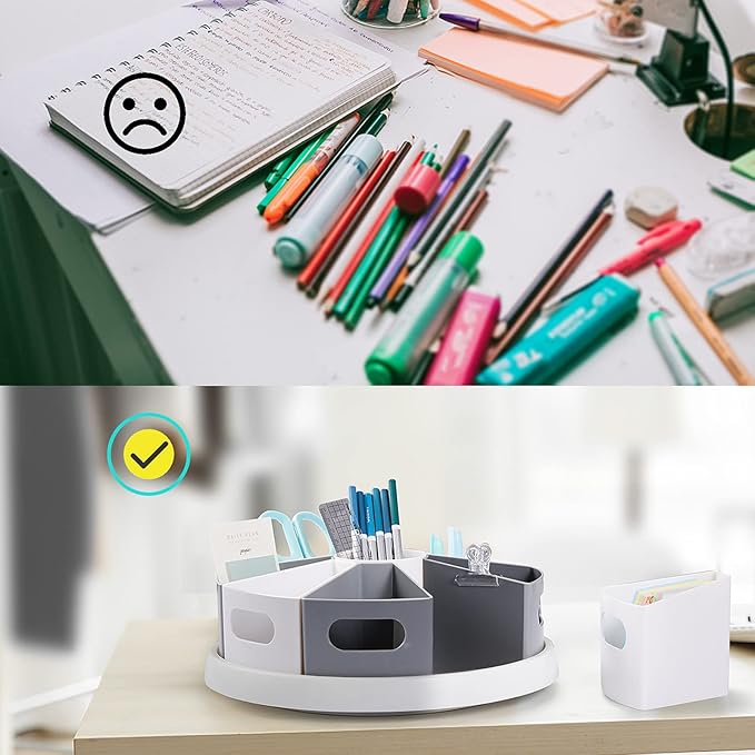 MeCids 360 Rotating Storage Organizer Desk Organizers Pen Holder– 12” Lazy Susan Style Caddy with Removable Bins, for Home Office Supplies, Art Supplies, Make-up & Kitchen Use, with Card & Gift Box
