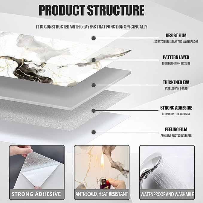 10pcs Peel and Stick Tile Shower Waterproof Marble Tiles Wall Panels,