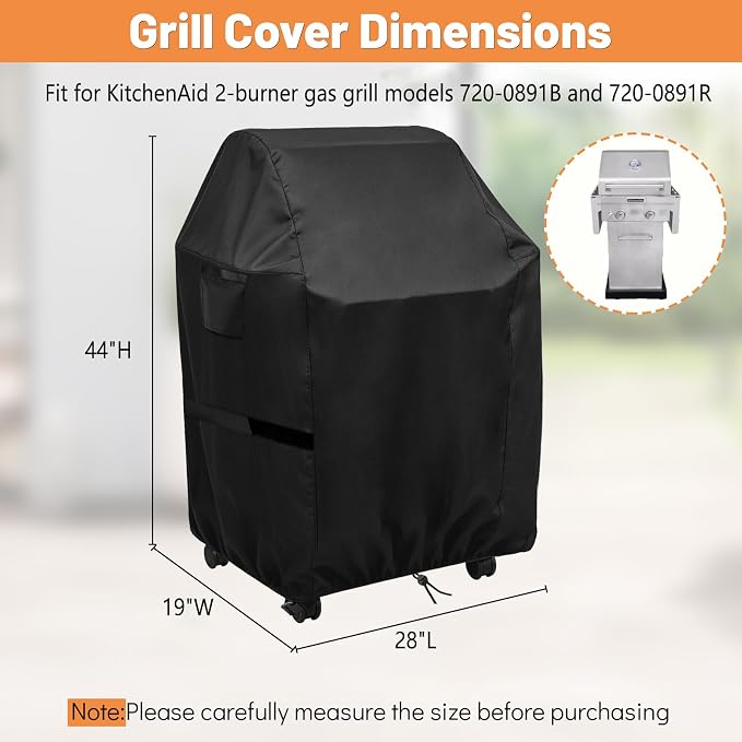 BBQ Grill Cover for Kitchenaid 2-Burner Gas Grill Models 720-0891B and 720-0891R, Waterproof 600D Outdoor Propane Barbecue Covers Smoker Covers- 28" L x 19" W x 44" H