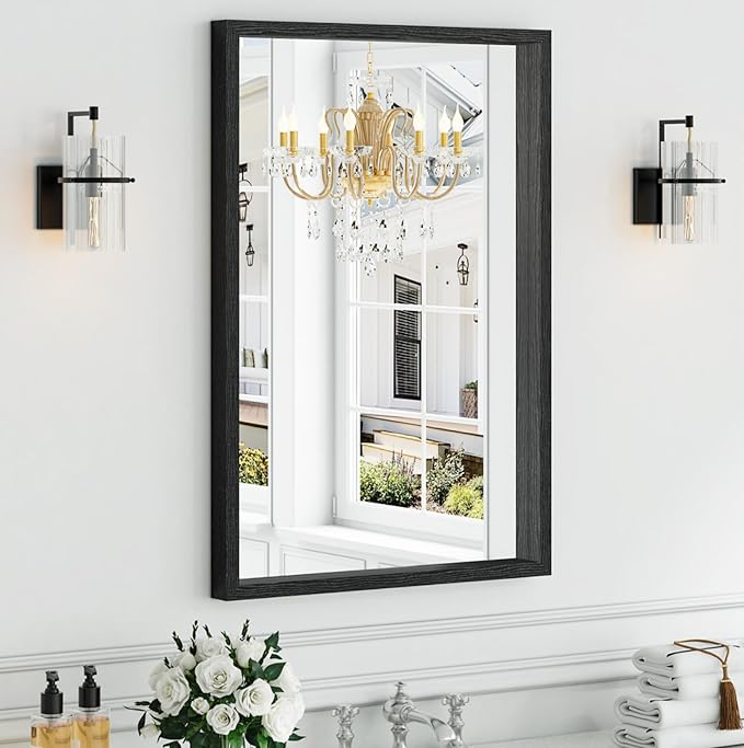 Syndra Black Wood Frame Bathroom Mirror, Waterproof Slim Deep Frame,