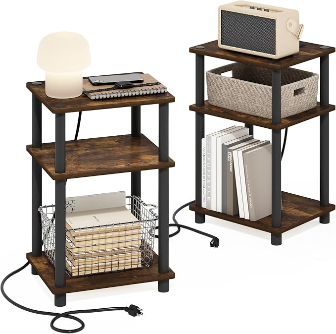 Furinno JUST Side Table Set of 2, 3-Tier Modern End Table with Charging Station, Open Shelf Night Stand, Bedside Table with USB and Type-C Port, for Living Room, Bedroom, Amber Pine