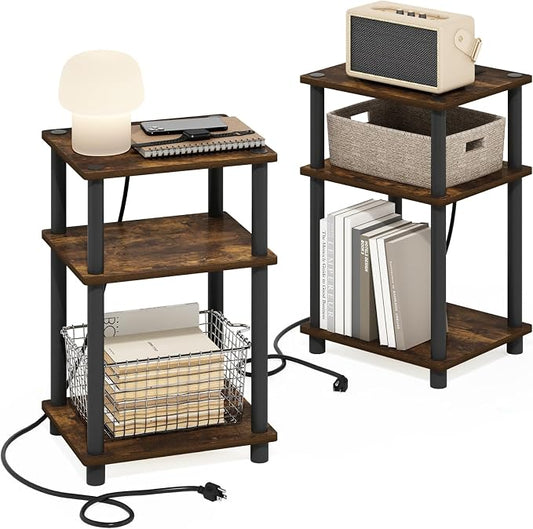 Furinno JUST Side Table Set of 2, 3-Tier Modern End Table with Charging Station, Open Shelf Night Stand, Bedside Table with USB and Type-C Port, for Living Room, Bedroom, Amber Pine