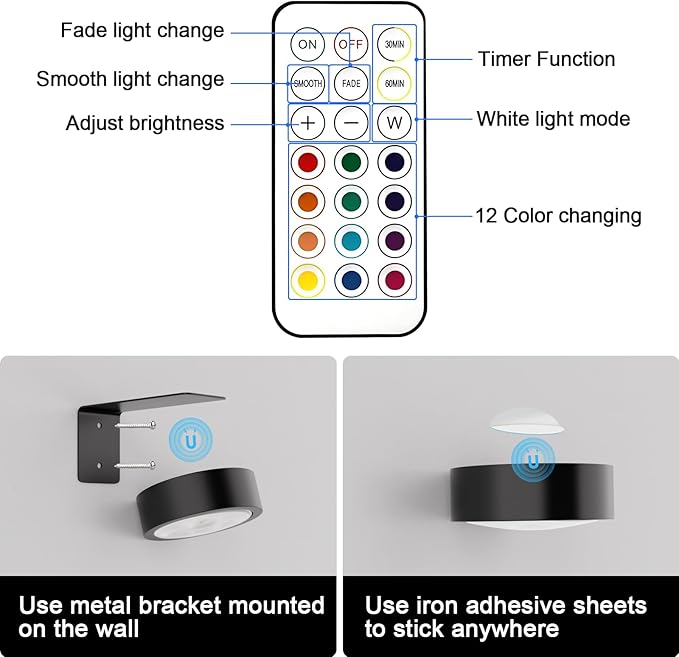 3 Pack Picture Lights for Wall, 13 RGB Color Rechargeable Battery Operated wall