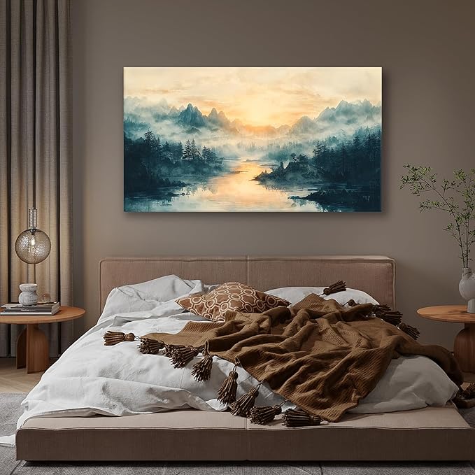 JLXART Landscape Canvas Wall Art Beautiful Lake Mountain Nature Scenic Picture Print Sunrise for Living Room Forest National Park Scenery Artwork Painting Decor,Inner Frame 30x58inch
