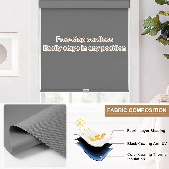 SUNOFF No Drill Tools Cordless Blackout Roller Shades Blinds