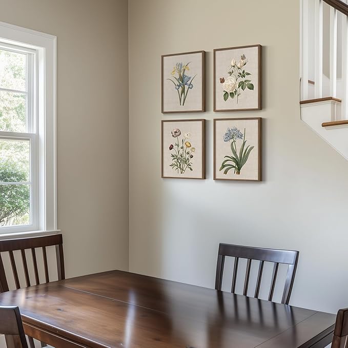 Framed Botanical Floral Wall Art, 4 Piece Vintage Flower Canvas Painting Prints