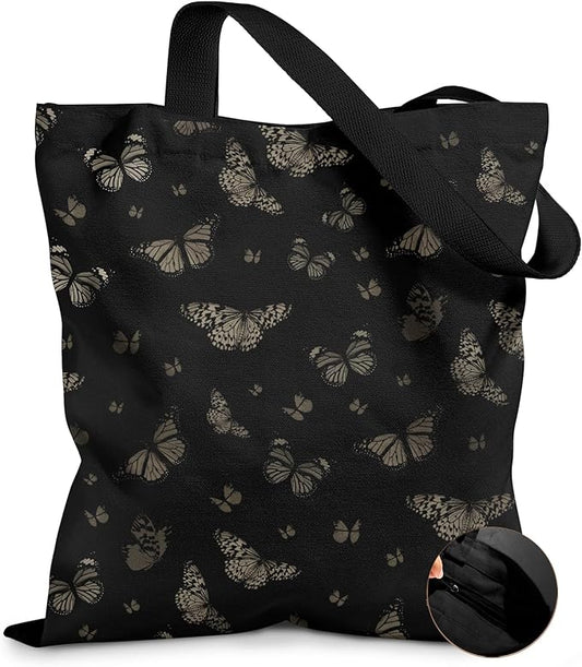 Miss Adola Canvas Tote Bag for Women â Aesthetic Canvas Bag with Zipper Cute Stylish Reusable Shoulder Totes for Shopping Work Daily Vacation, Black Butterfly