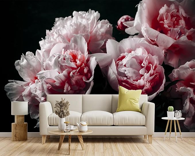 Black Peony Pink Floral Living Room Fabric Wallpaper Bedroom Bathroom Dark