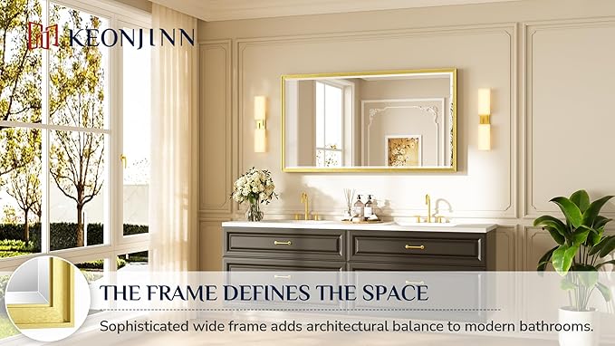 Keonjinn 55" x 30" Gold Bathroom Mirror, Brushed Gold Metal Framed Mirrors