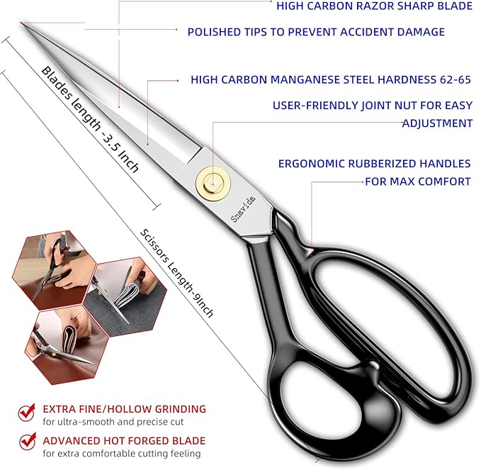 Fabric Scissors Tailor Sewing Shears - 9 Inch Heady Duty Scissors for Fabric Cutting Professional Ultra Sharp Cloth Tailor Scissors Multipurpose Utility Dressmaker Leather Titanium Scissors (9Inch)