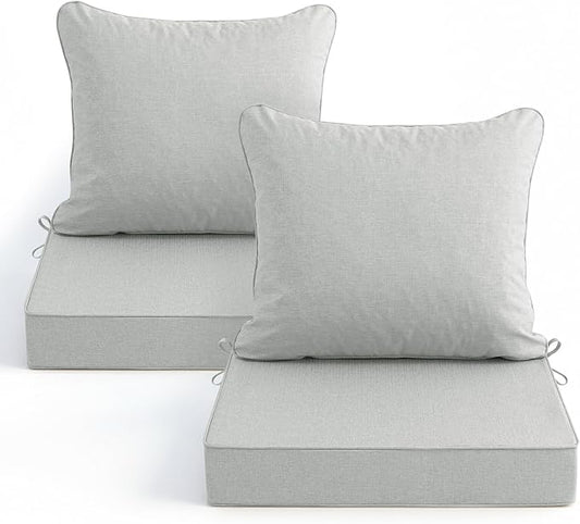 Summsun Patio Cushions for Outdoor Furniture, Faux Linen Water Resistant Backrest and Deep Seat Cushion Set with Non-Slip Bottom, Ties, Removable Cover, 24 x 24 Inch, Light Grey, Set of 2