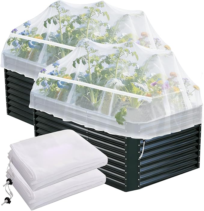 2 Pack Garden Netting for Raised Beds, Fine Mesh Bird Netting Barrier Screen with Zipper Drawstring Garden Bed Plant Cover for Protect Vegetable Fruits Crop from Animals Pest Insect, 2.3Ã2.3Ã2Ft