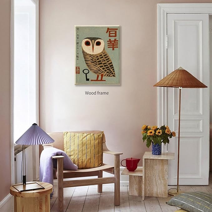 Vintage Japanese Framed Wall Art Owl Poster Mid Century Animal Print 24x36in