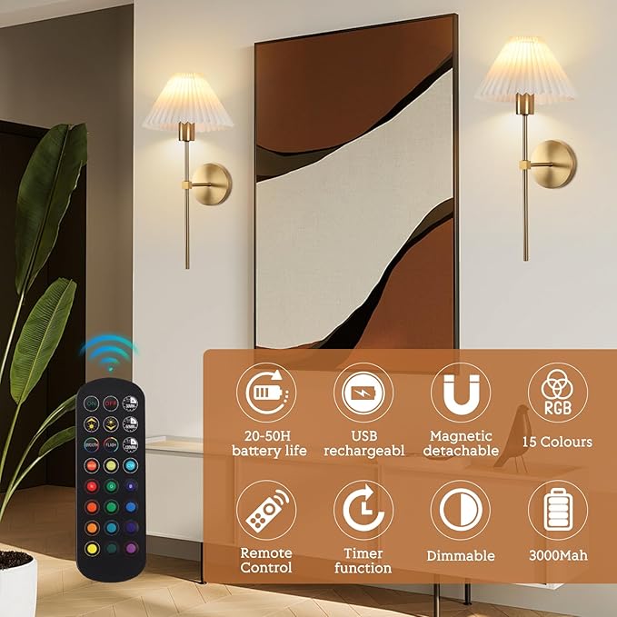 Gold Wireless Wall Sconce Sets of 2, Pleated Shades Rechargeable Battery
