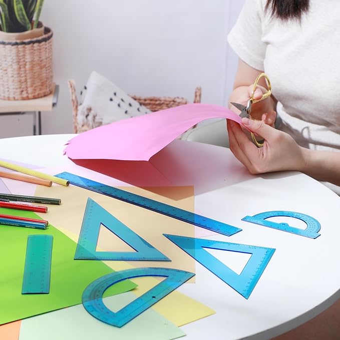 Tenare 6 Pcs Plastic Ruler Math Set Includes 12 Inch 6 Inch Straight Protractor Triangle Geometry Transparent Math Ruler Measuring Tools for School Office Home(Blue)
