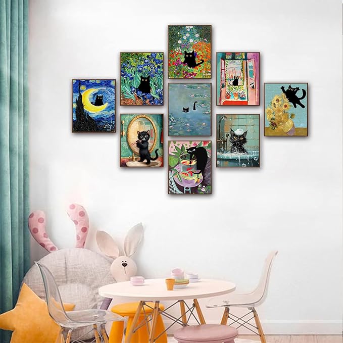 9Pcs Funny Black Cat Wall Art Cats in van gogh Famous Paintings Posters Prints
