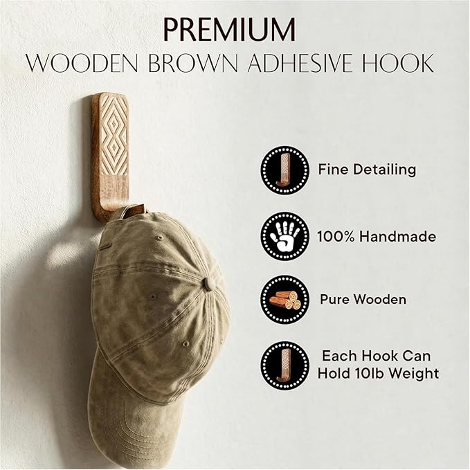Indian Shelf 10 LB Decorative Wood Adhesive Wall Hooks–Boho Peel and Stick Hooks
