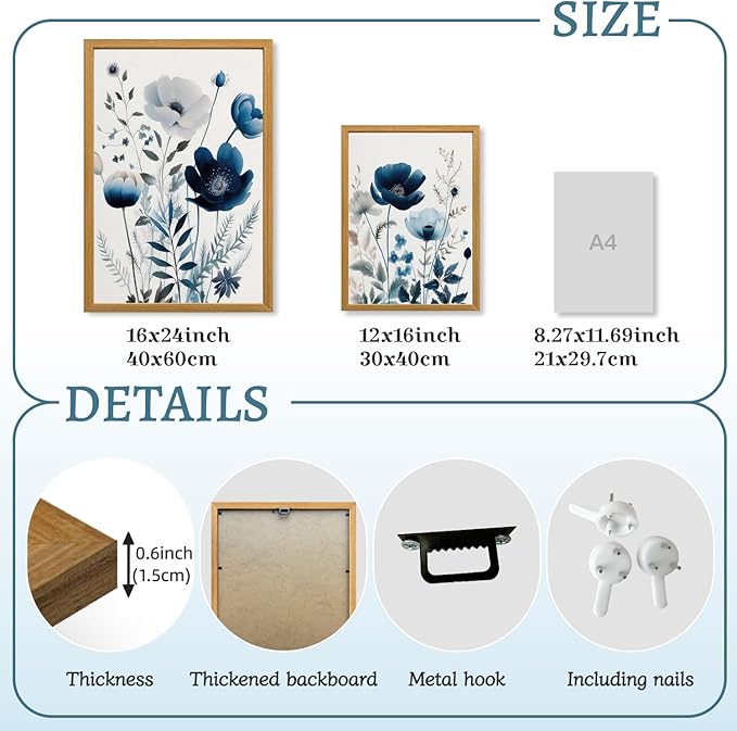 LLEEMPI Navy Blue Floral Wall Art Set of 3, Modern Wildflower Wall Decor