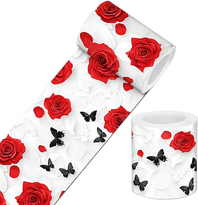 IVN Red Rose Black Butterfly Peel and Stick Wallpaper Border 4 x 196 Inch Self
