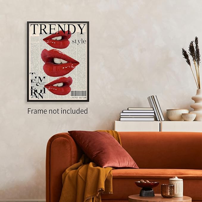 jkahh Trendy Y2k Newspaper Wall Art Vintage Red Lips Kiss Prints Poster Fashion