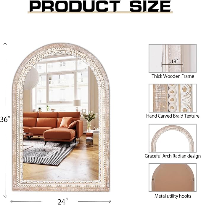 36x24 Inch Rustic Farmhouse Arched Wall Mirror, Boho Distressed Wooden Frame
