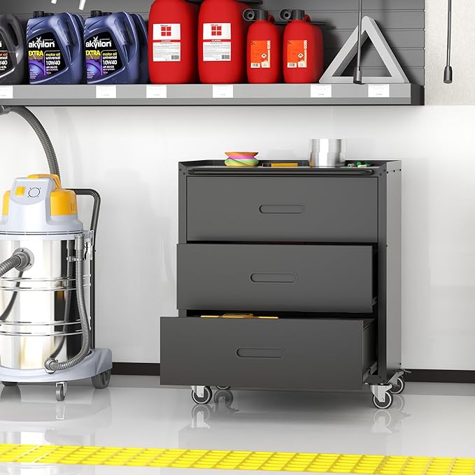 Metal Storage Cabinet with Wheels, Garage Storage Cabinet with 3 Drawers