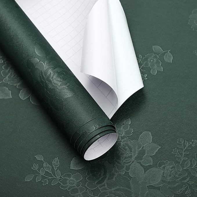 Erfoni 118"x17.7" Dark Green Wallpaper Thicken Floral Embossed Contact Paper