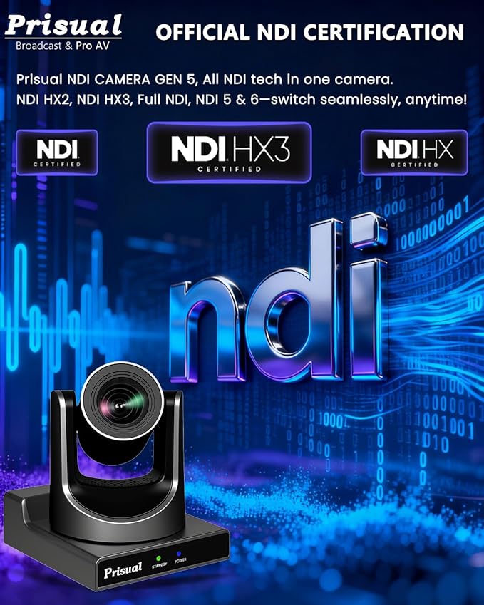 Prisual NDI PTZ Camera Gen 5, 30X Optical Zoom, AI Auto Tracking, 3G-SDI USB LAN PoE HDMI PTZ Camera for Church Broadcast Education Events (Official NDI 6 & NDI HX3 Certified) TEM-30N PRO