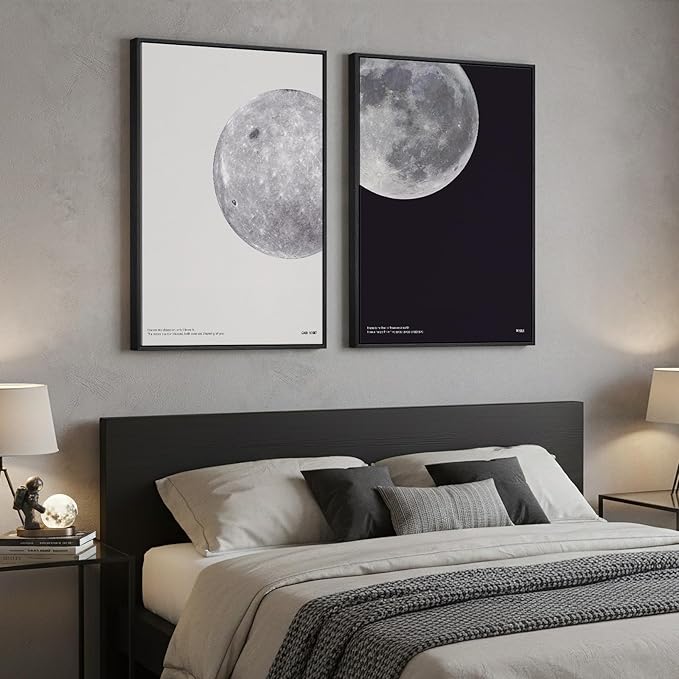 Large Framed Black and White Moon Wall Art, 2 Piece the Moon Canvas Art Prints