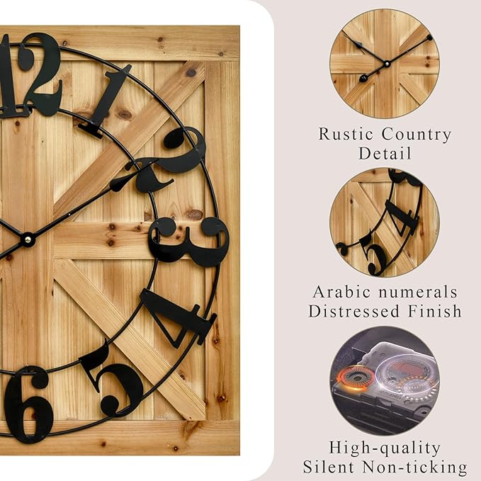 EMAX HOME Large Farmhouse Wall Clock – 24 Inch Brown Square Rustic Wooden Clock