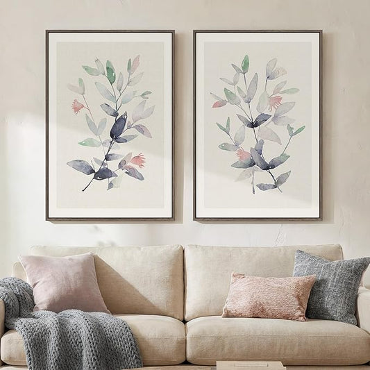 Large Framed Botanical Wall Art Set of 2, Modern Minimalist Floral Canvas Wall