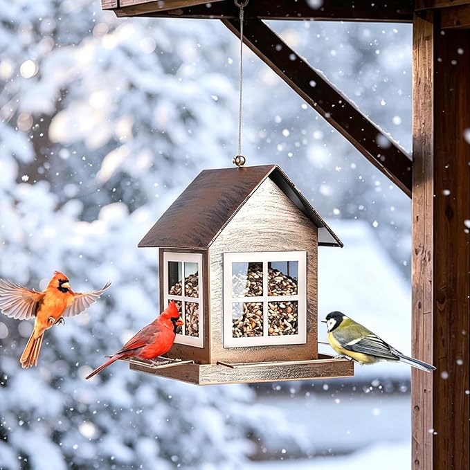 Bird Feeders, Heavy Duty Metal Bird Feeder for Outdoors Hanging, Weatherproof Large Capacity Wild Birdfeeder for Outside Garden Yard, Country House Shape
