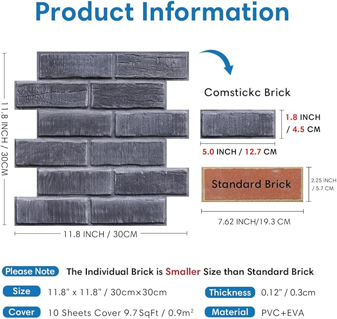 COMSTICKC 3D Faux Brick Wall Panels Peel and Stick Tiles, Small Size Thin PVC