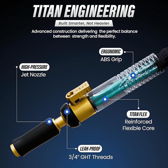 TITAN 100 ft Garden Hose – Lightweight Flexible Water Hose, Kink-Free Non-Expanding, High Flow, Solid Brass Fittings, Leak-Proof with Nozzle
