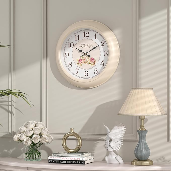 Abdurey Sweet French Rose Style Wall Clock, Battery Operated Silent, Creamy