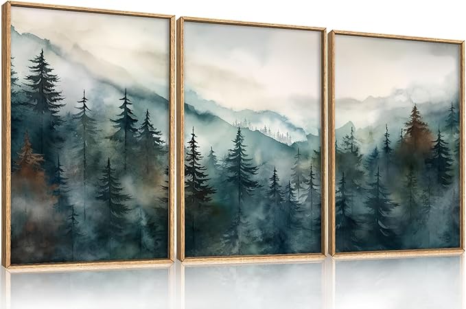 KAIRNE Watercolor Misty Forest Framed Canvas Wall Art Set, Nature Landscape Wall Decor, Foggy Mountain Pine Trees Wall Painting, Jungle Scenery Artwork for Living Room, Bedroom, Office-16 x24 x3