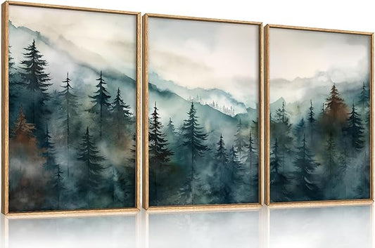 KAIRNE Watercolor Misty Forest Framed Canvas Wall Art Set, Nature Landscape Wall Decor, Foggy Mountain Pine Trees Wall Painting, Jungle Scenery Artwork for Living Room, Bedroom, Office-16 x24 x3