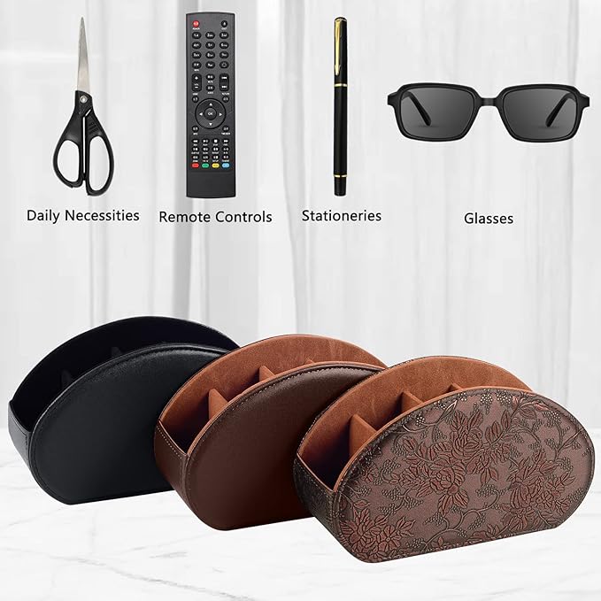 Leather Remote Control Holder TV Remote Caddy Store Box, Bedside Table Organizer for Controller, Media Player, Brush, Glasses, Note Paper and Pen Storage(Retro)