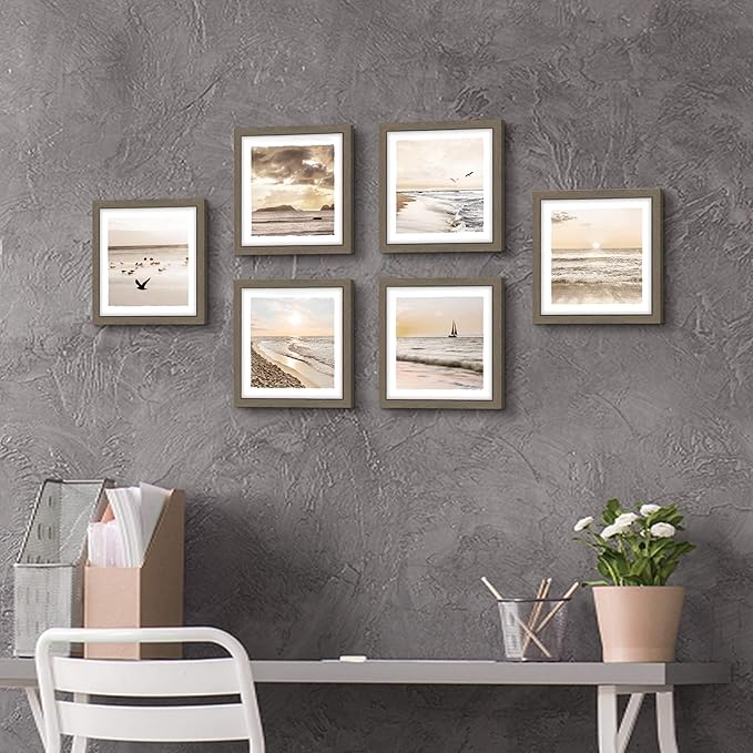 Framed Ocean Photo Wall Art: Modern Relaxing Beach Artwork Nature Coastal Dusk Scenery Picture 6 Pieces Seaside Seagulls Prints Horizontal Sunset Seascape Painting for Bedroom Bathroom